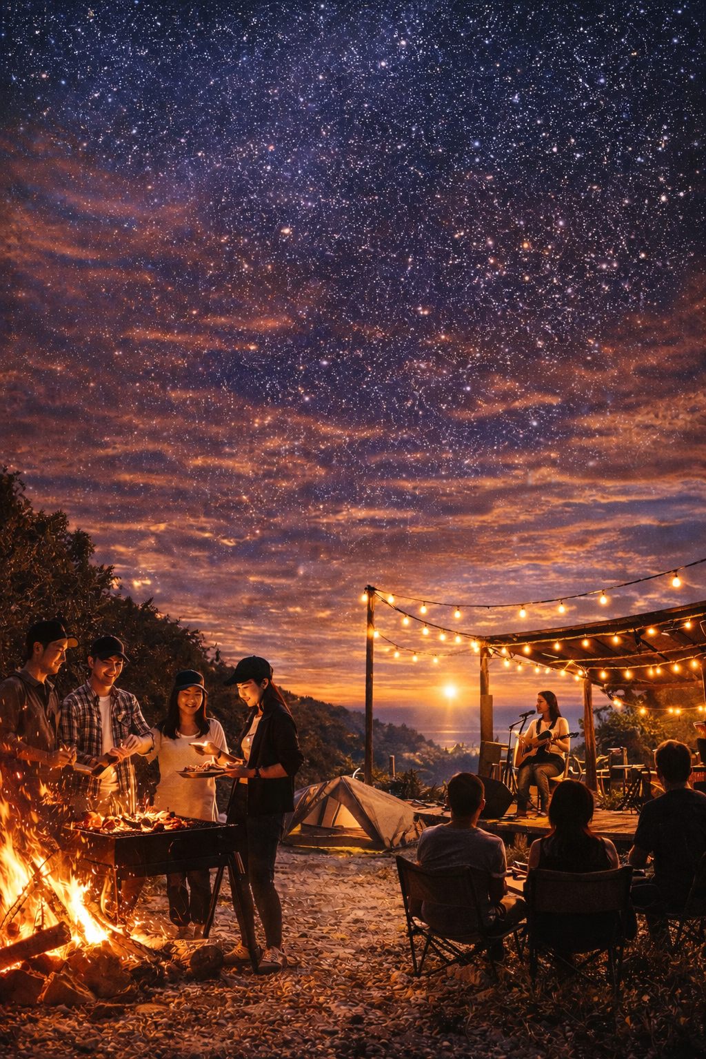 焚き火とライブ演奏を囲む、大磯でのサンセットイベントのイメージ