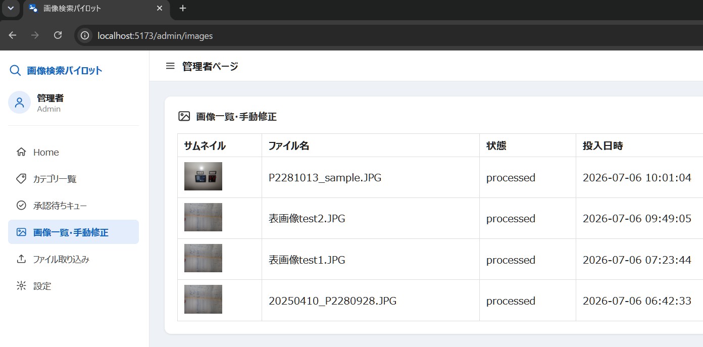 取り込んだ画像の一覧・手動修正画面